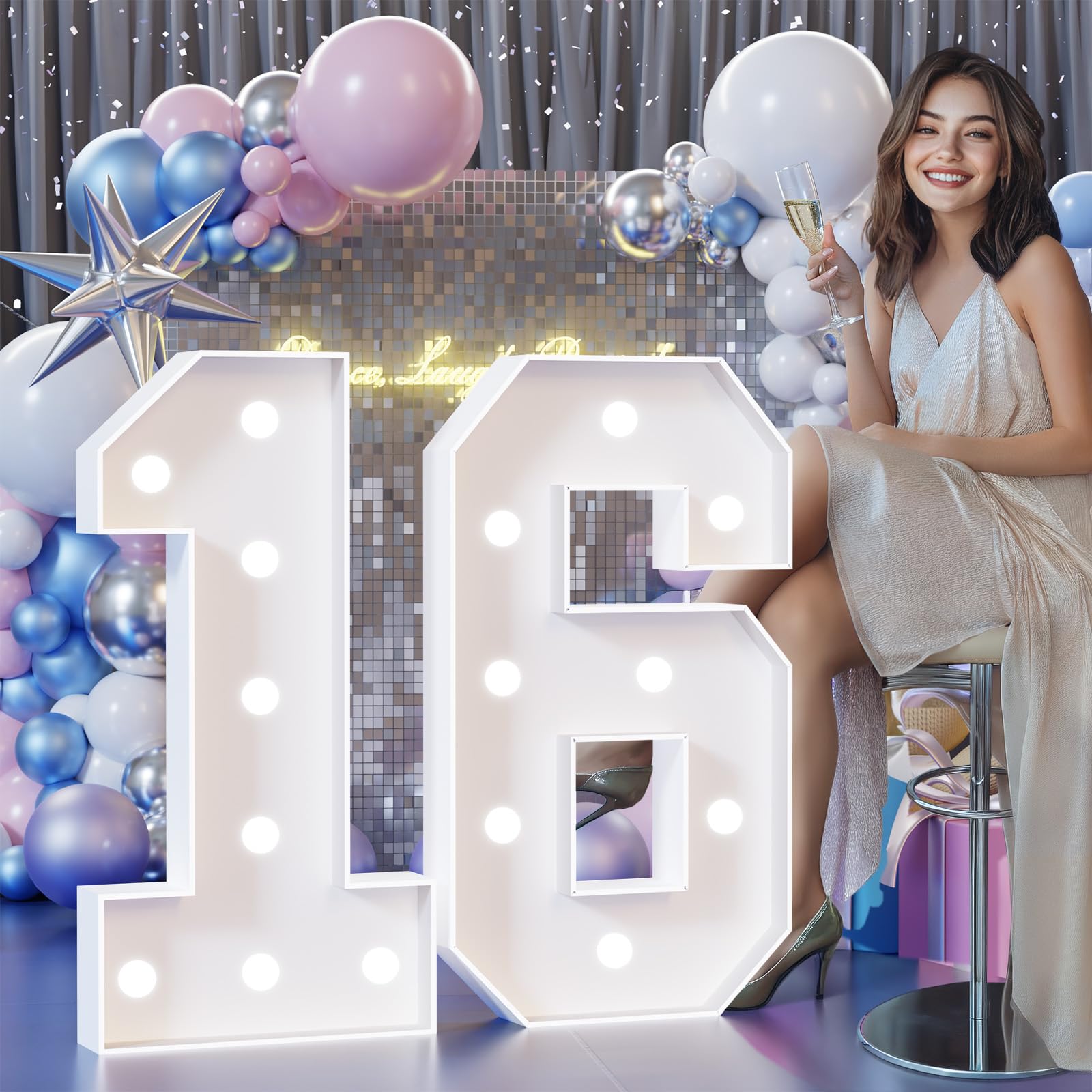 Photo 1 of JoyMuse Colorful Marquee Numbers 3FT, Light Up Numbers 16 for 16th Birthday Decoration, 16th Birthday Light Up Sign with 18 Colors Remote Control, Large Numbers for Party Anniversary Decor