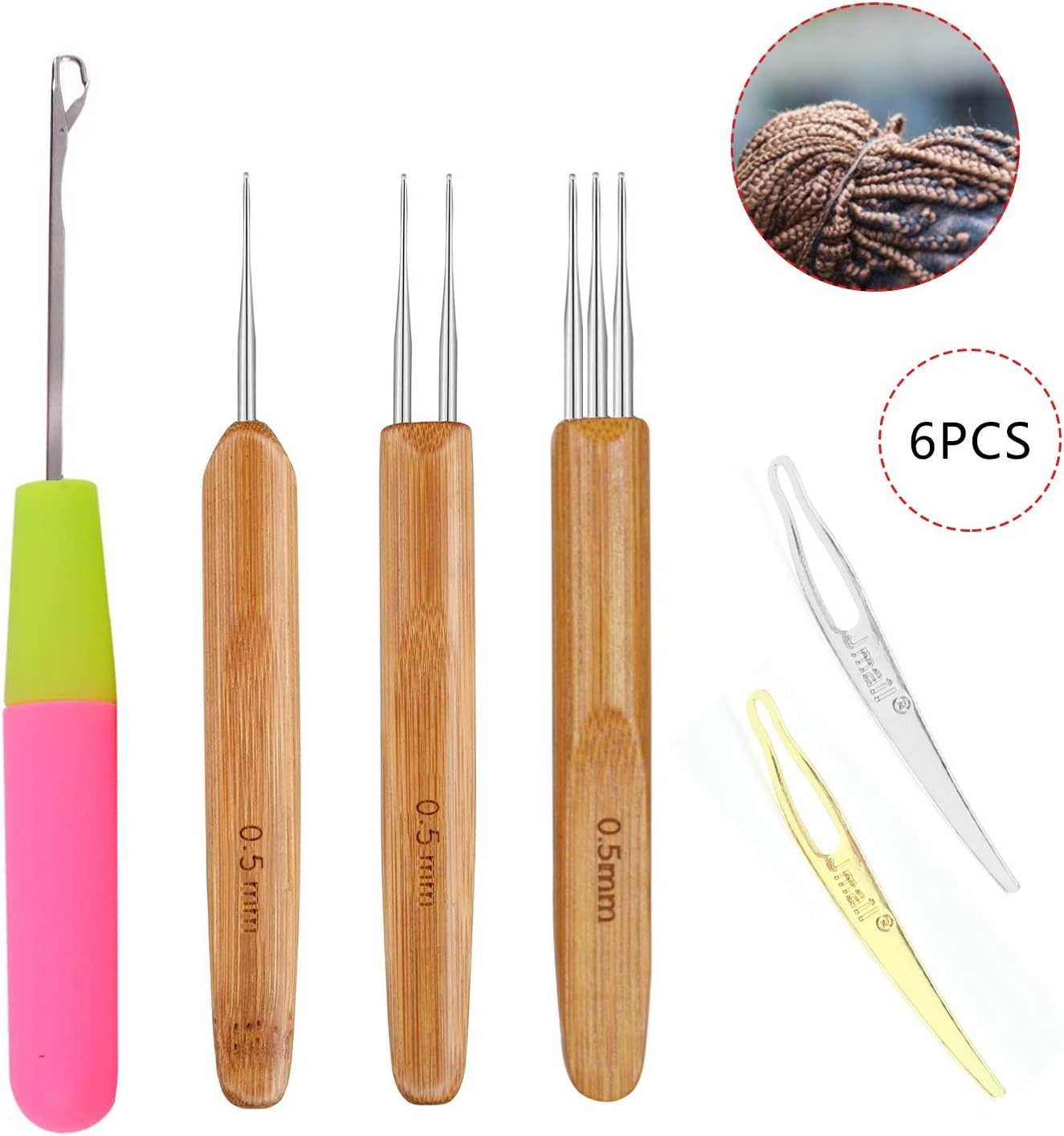 Snnetwork Dreadlock Crochet Hook, 3 Pieces 0.5 mm Dreadlock Needle with Wooden Handle 1 Hook, 2 Hooks, 3 Hooks, 2 Pieces Interlocking Tool For Locs, 1 Piece Crochet Hair Hook For Braid Weaving