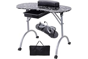 Alohappy 30" H Manicure Nail Table, Portable & Foldable Nail Desk Workstation with Large Drawer/Client Wrist Pad/Lockable Rolling Wheels/Carrying Case for Spa Beauty Salon (Black with Flower)