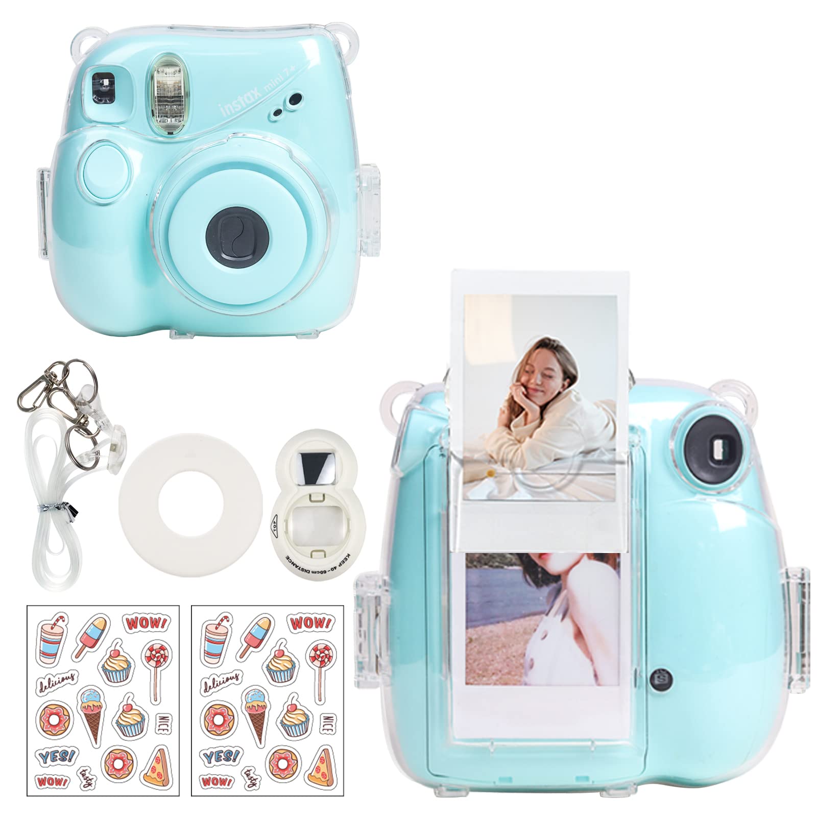 Photo 1 of CAIYOULE Clear Case for Fujifilm Instax Mini 7+ Camera Protective Case with Back Photo Storage Pocket, Selfie Mirror, Stickers and Adjustable Shoulder Strap?No Camera