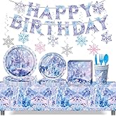 Winter Wonderland Party Tableware Set,Blue and Purple Snowflake Castle Plates,Disposable Snowflake Tableware Set,For Christmas Winter Wonderland Birthday Party Decorations