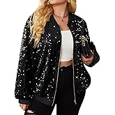 IN'VOLAND Womens Sequin Jacket Plus Size Sparkle Long Sleeve Jackets Front Zip Loose Casual Blazer Bomber Jacket with Pockets