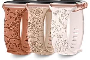 AMSKY 3 Pack Floral Engraved Bands Compatible with Apple Watch Band 40mm 41mm 38mm 42mm 44mm 45mm 49mm Women,Soft Silicone Cute Wildflowers Sport Laser Strap for iWatch Bands Series 9 Ultra SE 8 6 5 4 3 2 1