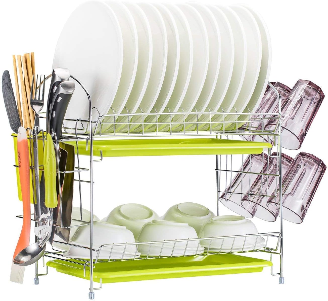 Dish Drying Rack Kitchen. Updated Version 2 Tier Dish Drainer Rack 19 inch Buckle Type Installation not Need Nuts Double Draining Tray Design Effectively Prevent Cross-Contamination.