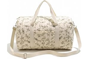 Quilted Duffle Bag, Floral Pattern Quilted Weekender Bag with Handle and Strap, Cute Duffle Tote with Pocket and Zipper for W