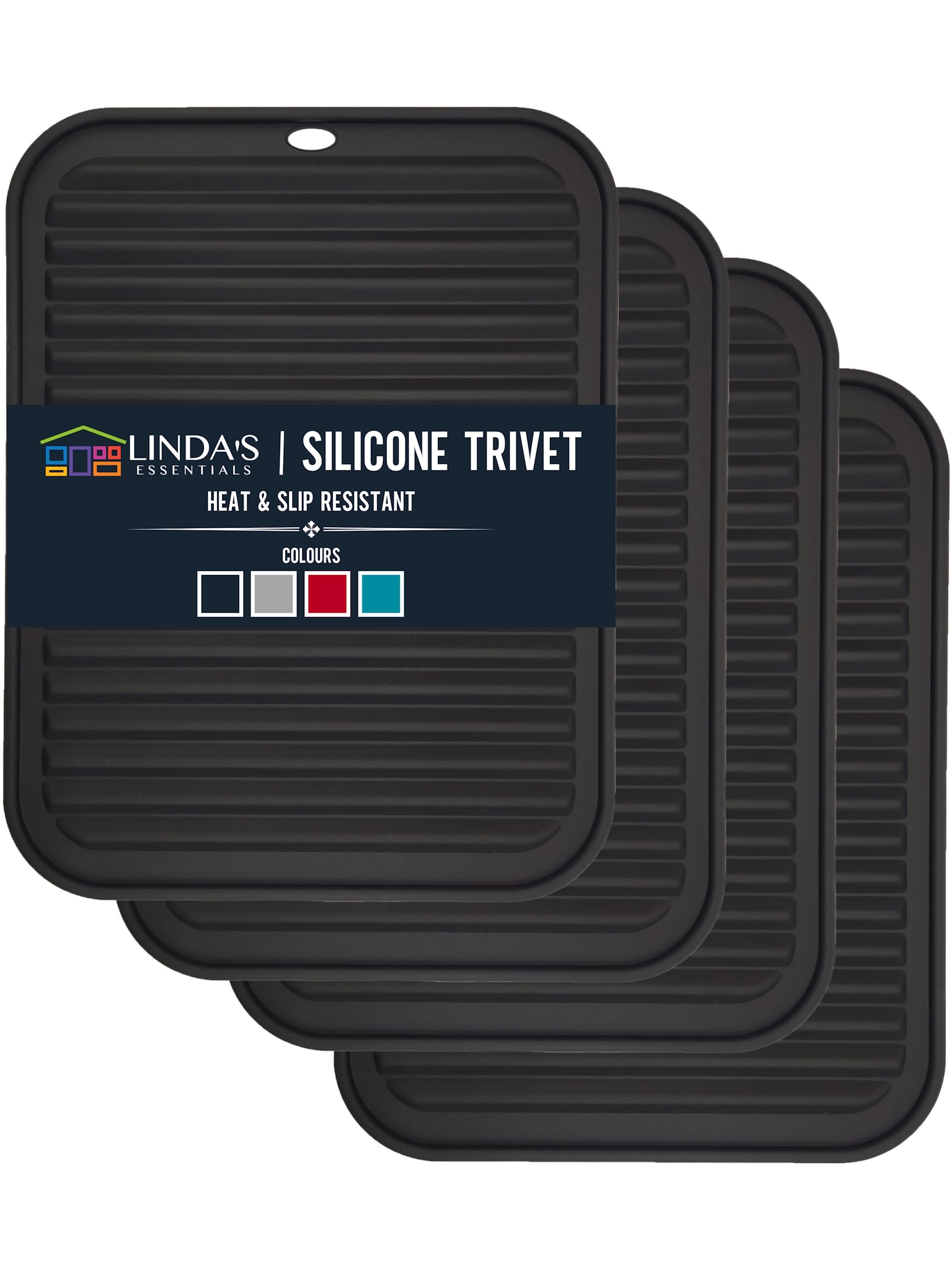 Linda's Essentials Silicone Trivets for Hot Pans and Pots (4 Pack) - Multipurpose Silicone Heat Resistant Mat and Pot Holder Trivet (30 x 23cm) - Heatproof Mats for Kitchen (Black)