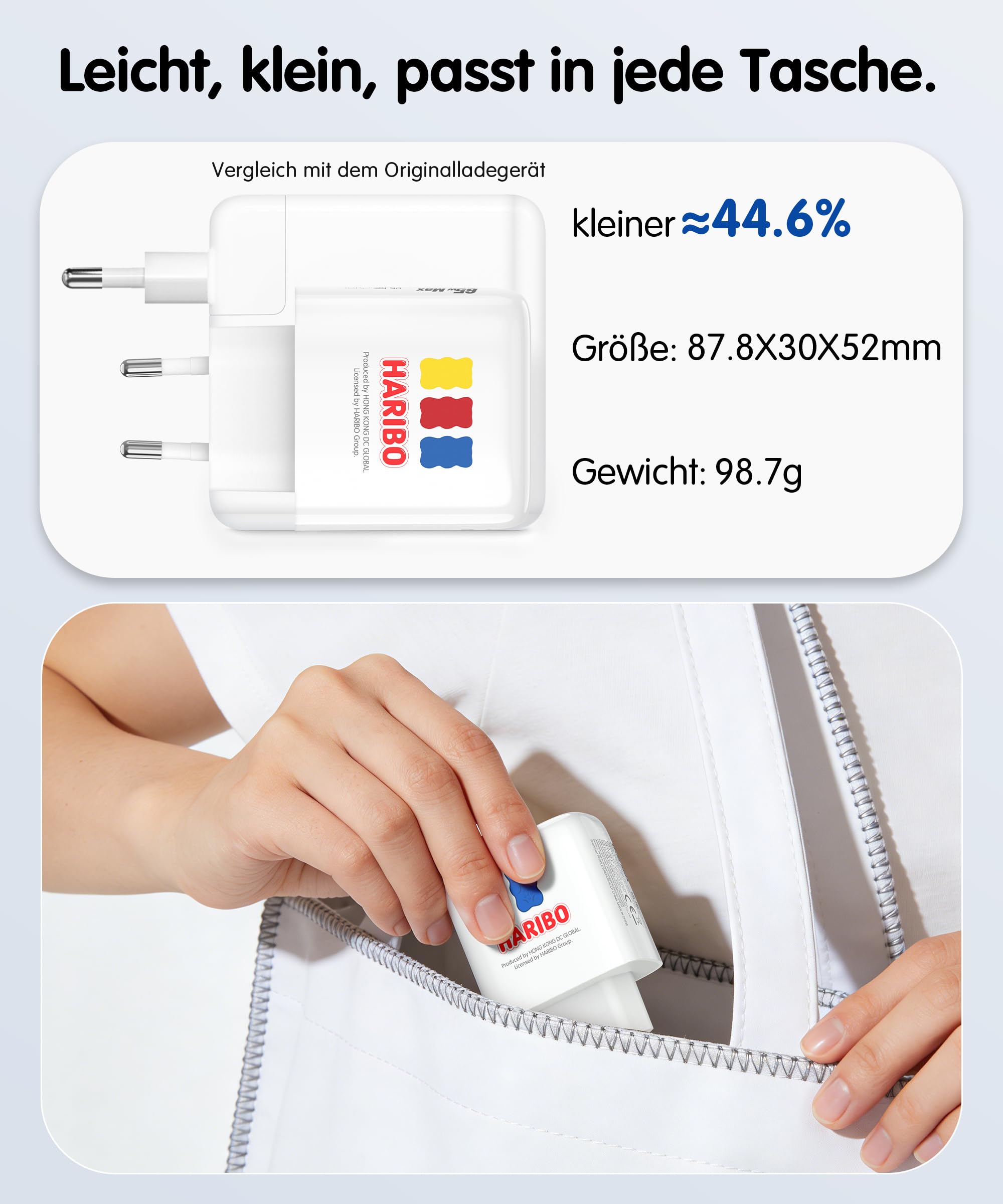 HARIBO USB C Ladegerät 65W 3-Port GaN Schnellladegerät PD/PPS Kompaktes USB-C Netzteil für MacBook Pro/Air, für iPhone 17/16/15, Galaxy S25/S24, iPad Pro, Pixel, Steam, Laptop, Geschenk, Blau 4