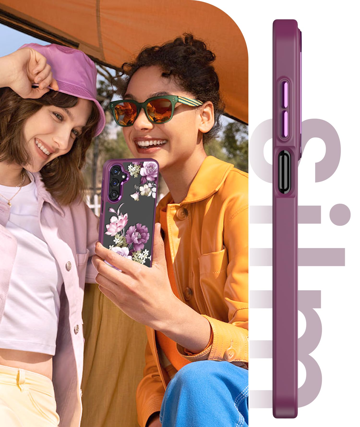for Samsung Galaxy A16 5G Case+Tempered Glass Screen Protector,Military Grade Protective Slim Soft TPU + Hard PC,Girls Women Crystal Clear Flower Pattern Case Cover for Galaxy A16 5G-Purple