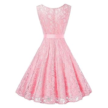 Amphia Damen Spitzen Rockabilly Kleid Festlich Partykleid Cocktailkleid Brautjungfern Kleid Rundhals/V Ausschnitt Ärmellos (R
