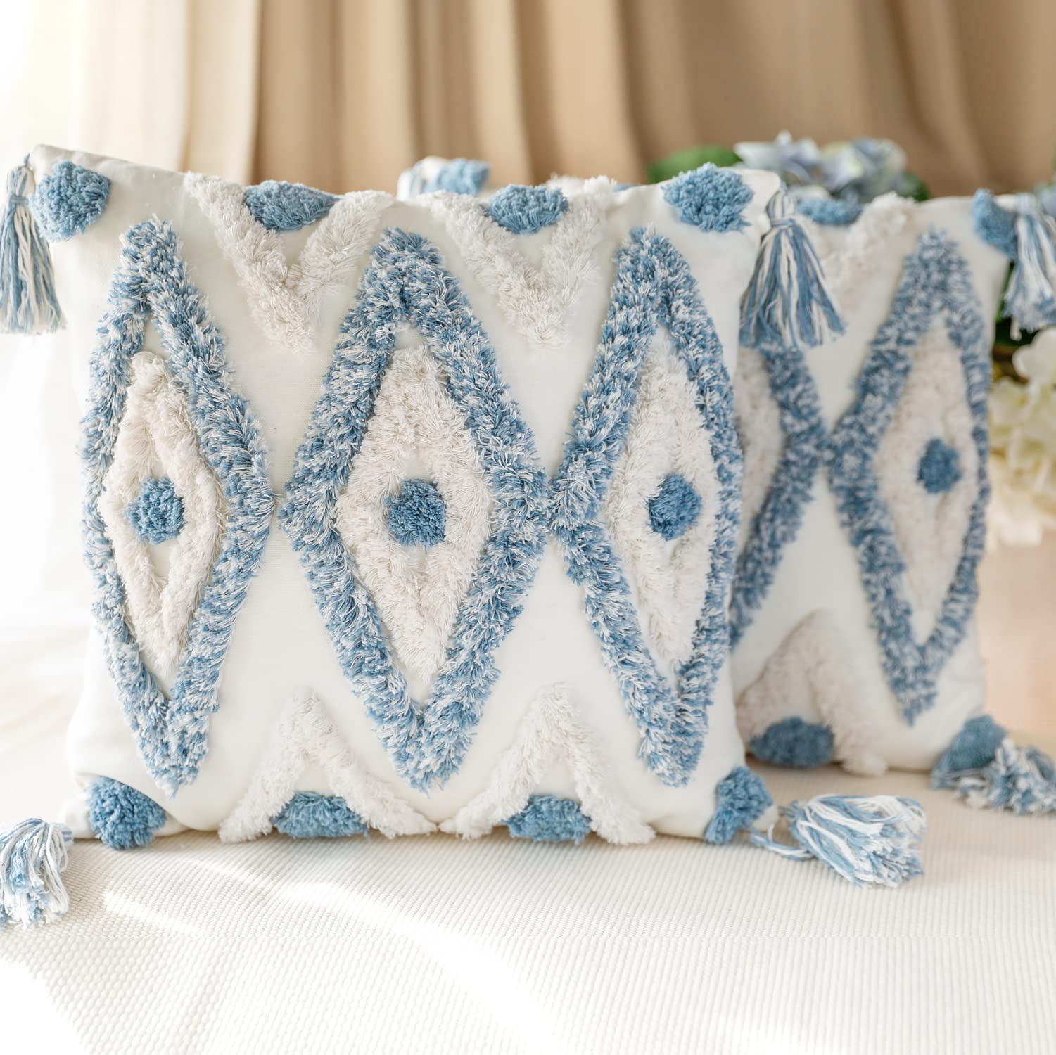 Photo 1 of MARSAULE Set of 2 Cotton Woven Boho Throw Pillow Covers, Tufted Decorative Square Pillowcases Covers with Tassels for Couch Sofa Bed, Living Room Sofa, Farmhouse, 20x20 Inch Blue(2 pcs)
