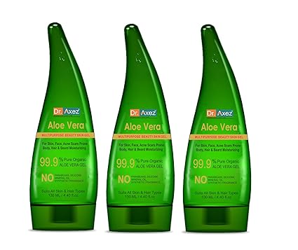 Dr. Axez Pure Organic ALOE VERA GEL Green - Multipurpose Beauty Skin Gel - Ideal for Skin, Face, Body, Hair, Beard, Acne Scars, Moisturizing ((Pack of 3) = 390 ML)