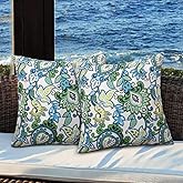 Magpie Fabrics Pack of 2 Outdoor Waterproof Throw Pillow Covers 18 x 18 Inch, Christmas Decorative Cushion Sham Pillowcase Shell for Garden Patio Tent Balcony Couch Sofa(Floral Blue Green)