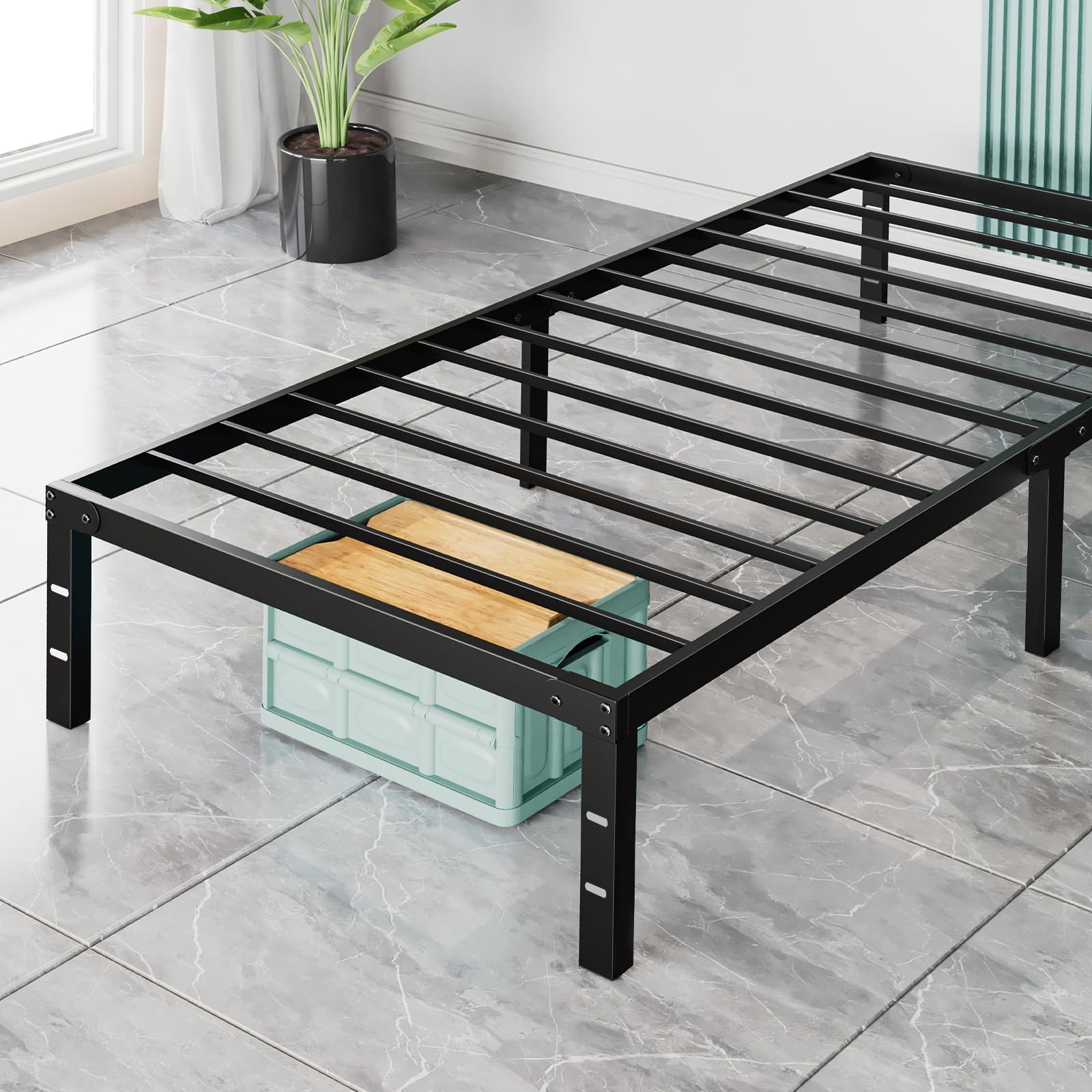 Sweetcrispy Twin Bed Frame - Heavy Duty Metal Platform Bed Frames Twin Size with Storage Space Under Frame, No Box Spring Needed, 14 Inches, Sturdy Steel Slat Support Image