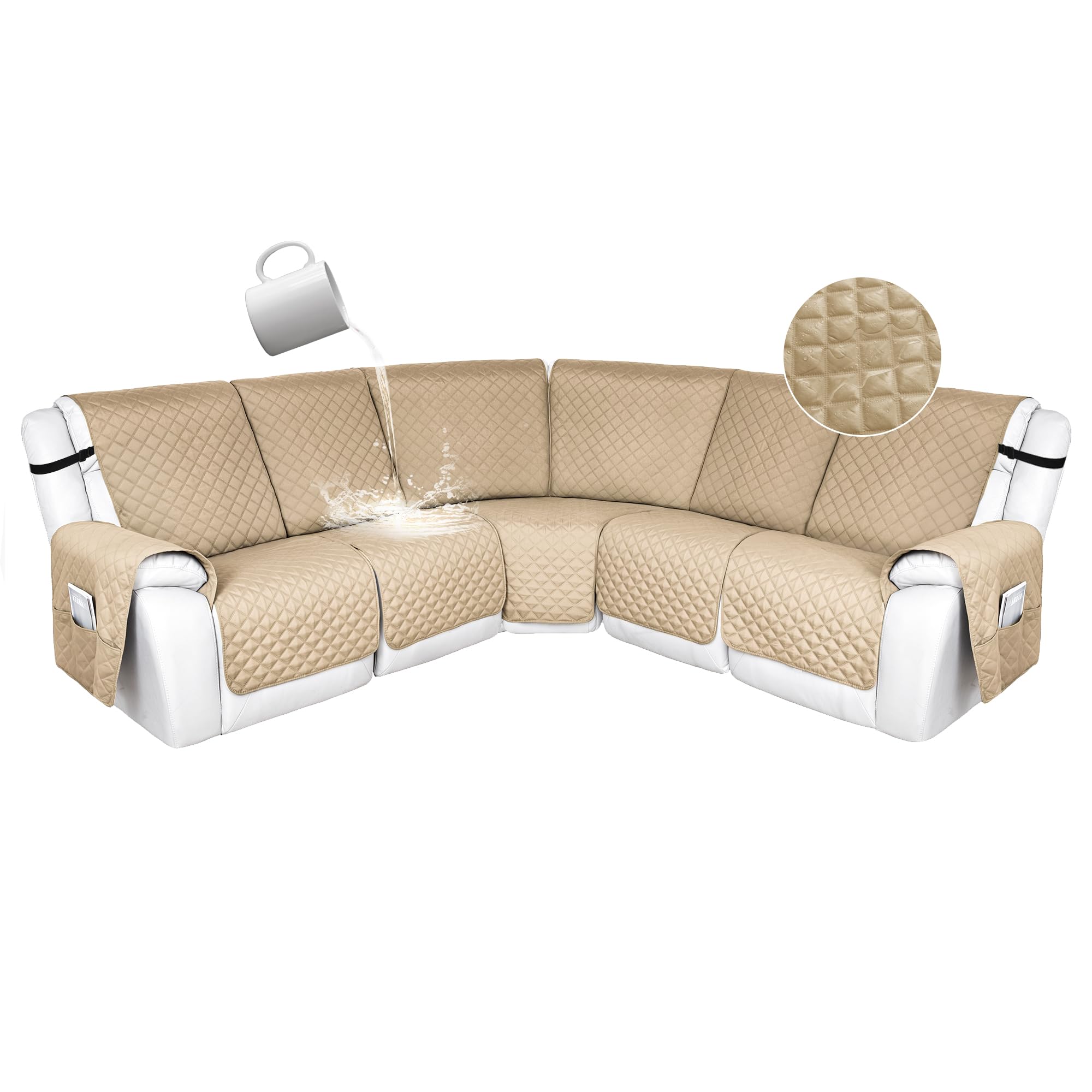 Photo 1 of HDCAXKJ 100% Waterproof Reclining Sectional Couch Covers L Shape Recliner Sofa Cover Washable Quilted Soft Pet Dog Corner Recliner Slipcovers with Pockets (5 Seat Recliner Couch, Natural)