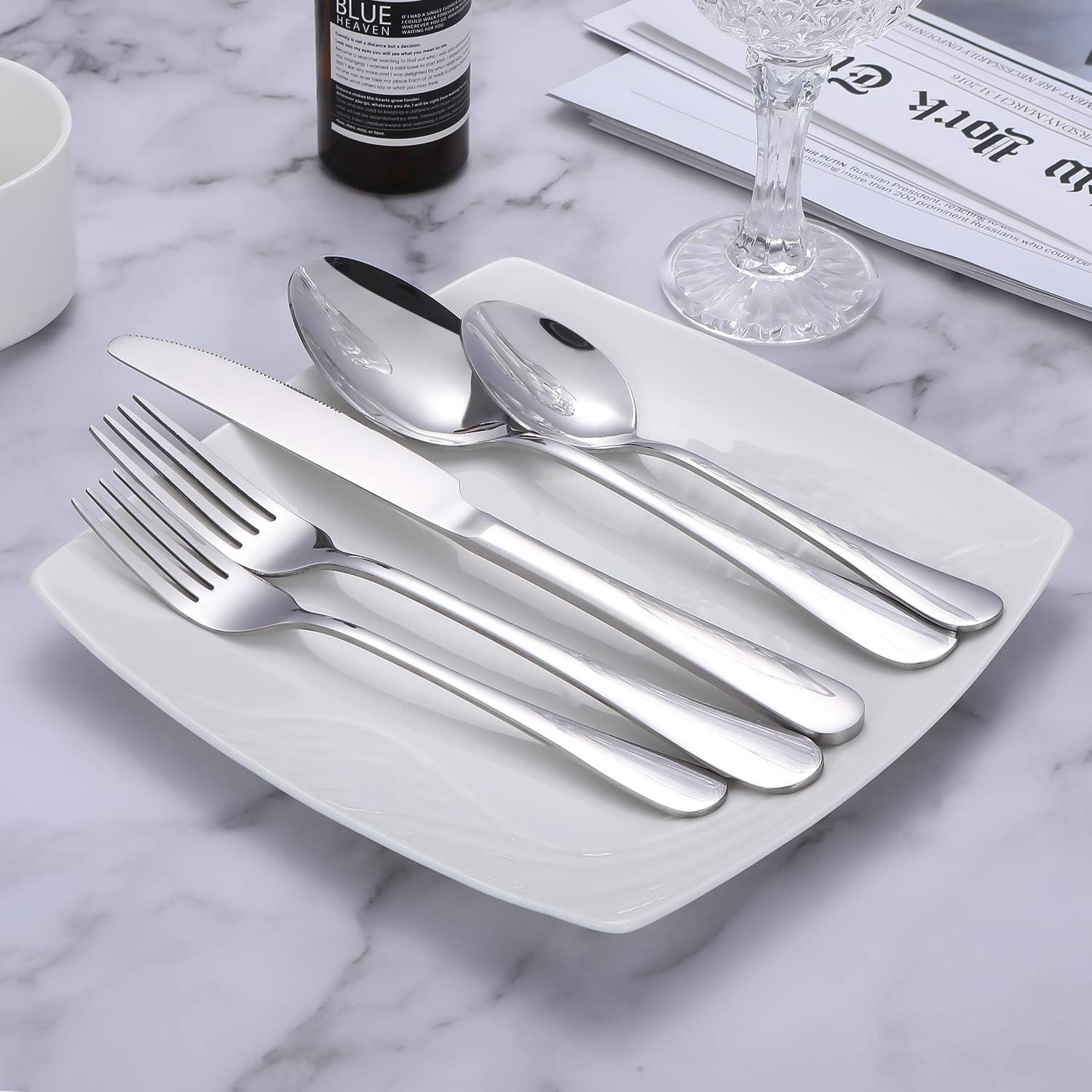  | Silverware Flatware Set, TOPBOOC 24- Piece Stainless Steel Cutlery Set, Utensils Set Service for 4, Include Knife/Fork/Spoon/Steak Knife/Wire Mesh Steel Cutlery Caddy, Mirror Polished (Silver, 24): Flatware Sets