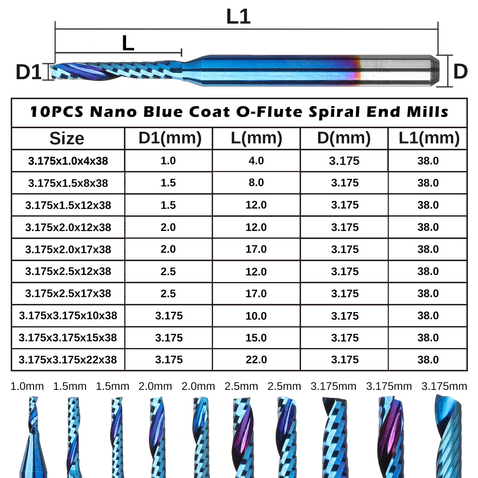 1/8 Inch Shank 10pcs Carbide Spiral O Flute (Single Flute) End Mill CNC Router Bits, Solid Nano Blue Coat, for Woodworking Cutting Carving Wood Acrylic PVC PCB MDF, OS10A