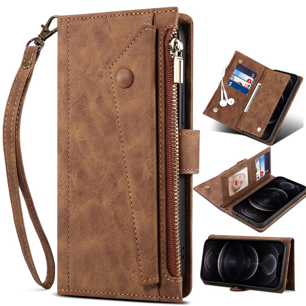 Zipper Case for iphone 16 Pro max, Leather Wallet Book Stand view Magnetic Protect RFID Blocking Cover with iphone 16 Pro max-Brown