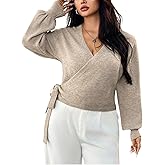 Verdusa Women's Plus Size Wrap Sweater Tie Knot Cropped Cardigan Lantern Long Sleeve Knitted Sweaters