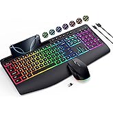 Wireless Keyboard and Mouse Combo- VEILZOR 2.4G Rechargeable Keyboard with Phone Holder, Ergonomic Wrist Rest, 9 RGB Backlit Effects, Silent Keyboard Mouse Set for Windows, Laptop, PC
