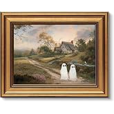 Gold Framed Wall Art Vintage Cute Ghost Canvas Print Whimsical Halloween Spooky Ghost Decor Picture Farmhouse Autumn Landscape Artwork for Living Room Bedroom 9x11 inch