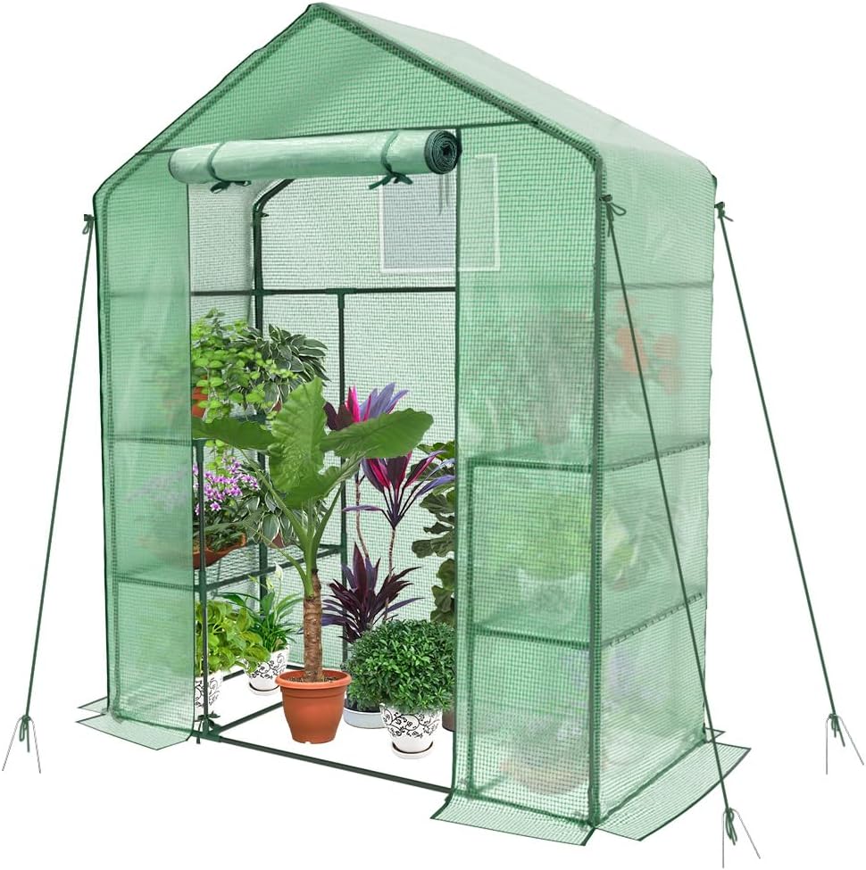 VOUNOT Walk In Greenhouse with Shelves Green 143x73x195cm Portable