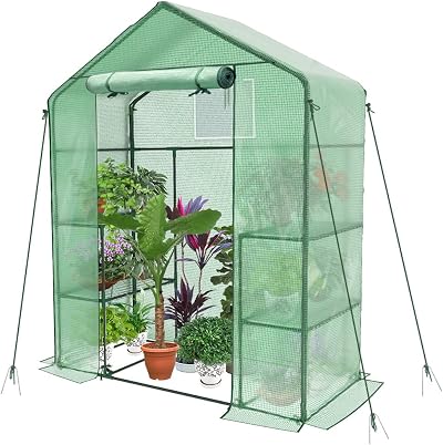 VOUNOT Walk In Greenhouse with Shelves Green 143x73x195cm Portable