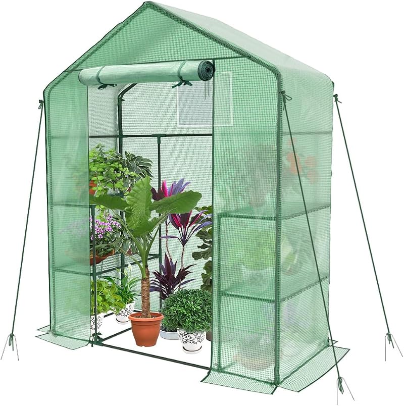 VOUNOT Walk In Greenhouse with Shelves Green 143x73x195cm Portable
