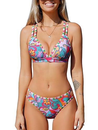 CUPSHE Women's Bikini Set Two Piece Swimsuits Strappy Mid Rise V Neck  Cutout Adjustable Double Straps,M in Oman Whizz Sets