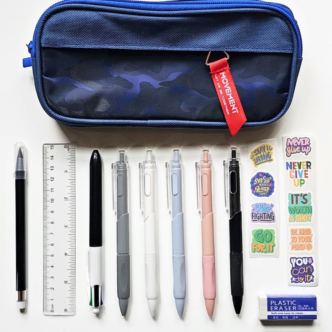 Large Back to School Blue Camouflage Pencil Case including stationery essentials for school, college and uni, secondary school stationery set