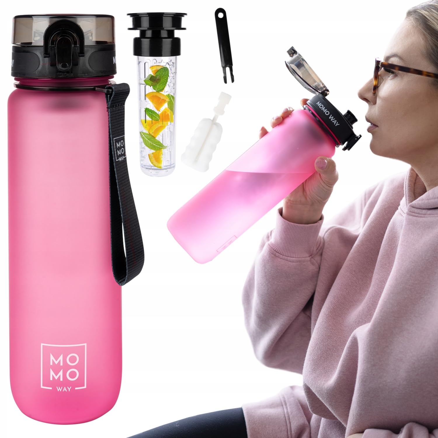 MOMO WAY Drinking Bottle Tritan Water Bottle BPA Free Reusable for School Sports Fitness Gym Easy Closure Gift for Men Women and Children Dark Pink 1000ml