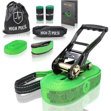 High Pulse® Slackline Set inkl. Poster mit Anleitung | 15 m – Komplettes Slackline-Set (12,5 m Band + 2,5 m Ratschenband) mit