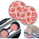 2 Pack Cute Strawberryt Car Coasters,2.75 Inch Car Cup Holder,Universal Rubber Anti-Slip Automotive Drink Soft Cup Mat,Car Interior Accessories for Women Men and Girls