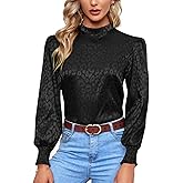 LYANER Women's Satin Mock Neck Puff Long Sleeve Keyhole Work Blouse Top