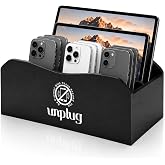 Lawei Wood Phone Box, 4-Grid Cell Phone Holder Organizer with Charging Holes, Desktop Charging Station for Phones and Tablets, Unplug Phone Jail for Family Time/Work/Classroom, 4 Anti-Slip Pads