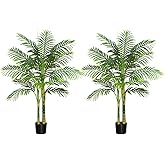 2PCS Artificial Palm Tree Indoor Plant 4FT Tall Fake Tropical Palm Tree in Pot with Real Bark Design Faux Areca Palm Tree for Home Office Living Room Bedroom Farmhouse Outdoor Decor (Black, 4FT-2PCs)