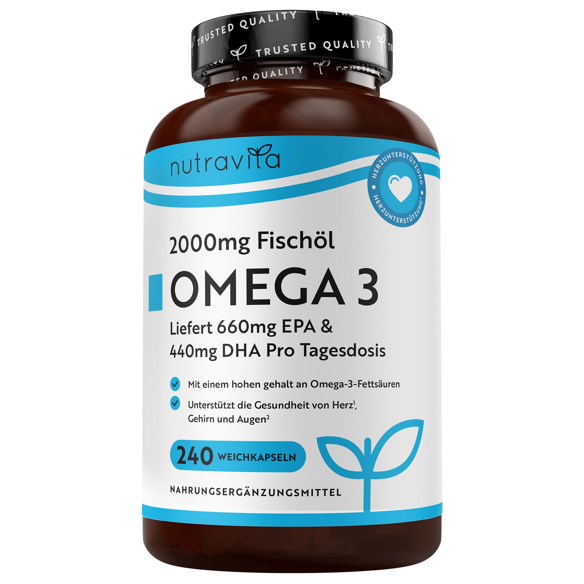 Nutravita Omega 3 Kapseln Hochdosiert 2000mg Fischöl Kapseln mit 660mg EPA un 440mg DHA Unterstützt die Gesundheit von Herz, Gehirn und Augen (EFSA) 240 Weichkapseln für 4 Monate