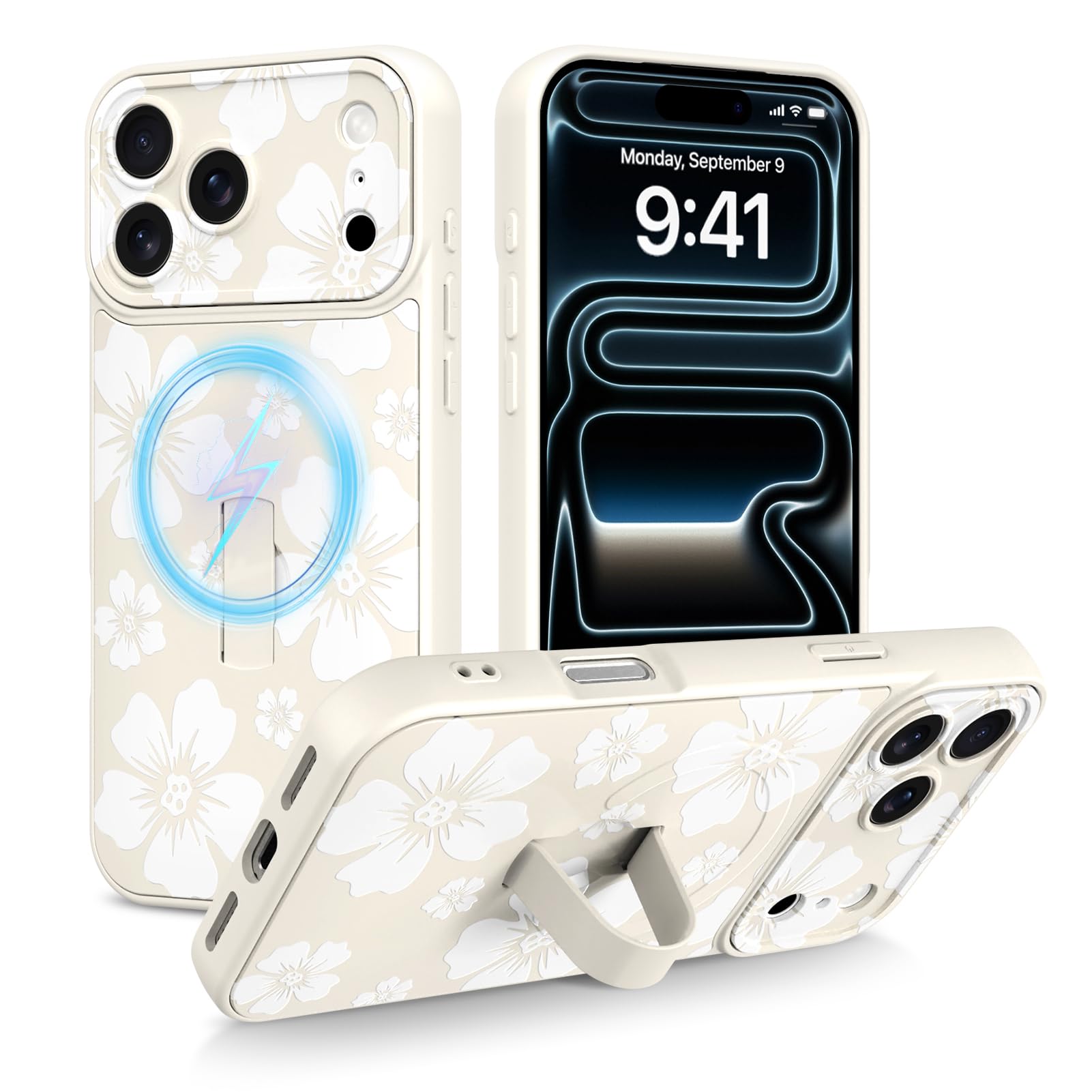 KANGHAR for iPhone 17 Pro Max Case, Cute White Floral Design Phone Cover with Kickstand & Adjustable Finger Strap, Full Camera Protection, Shockproof Protective Magnetic Cover - White