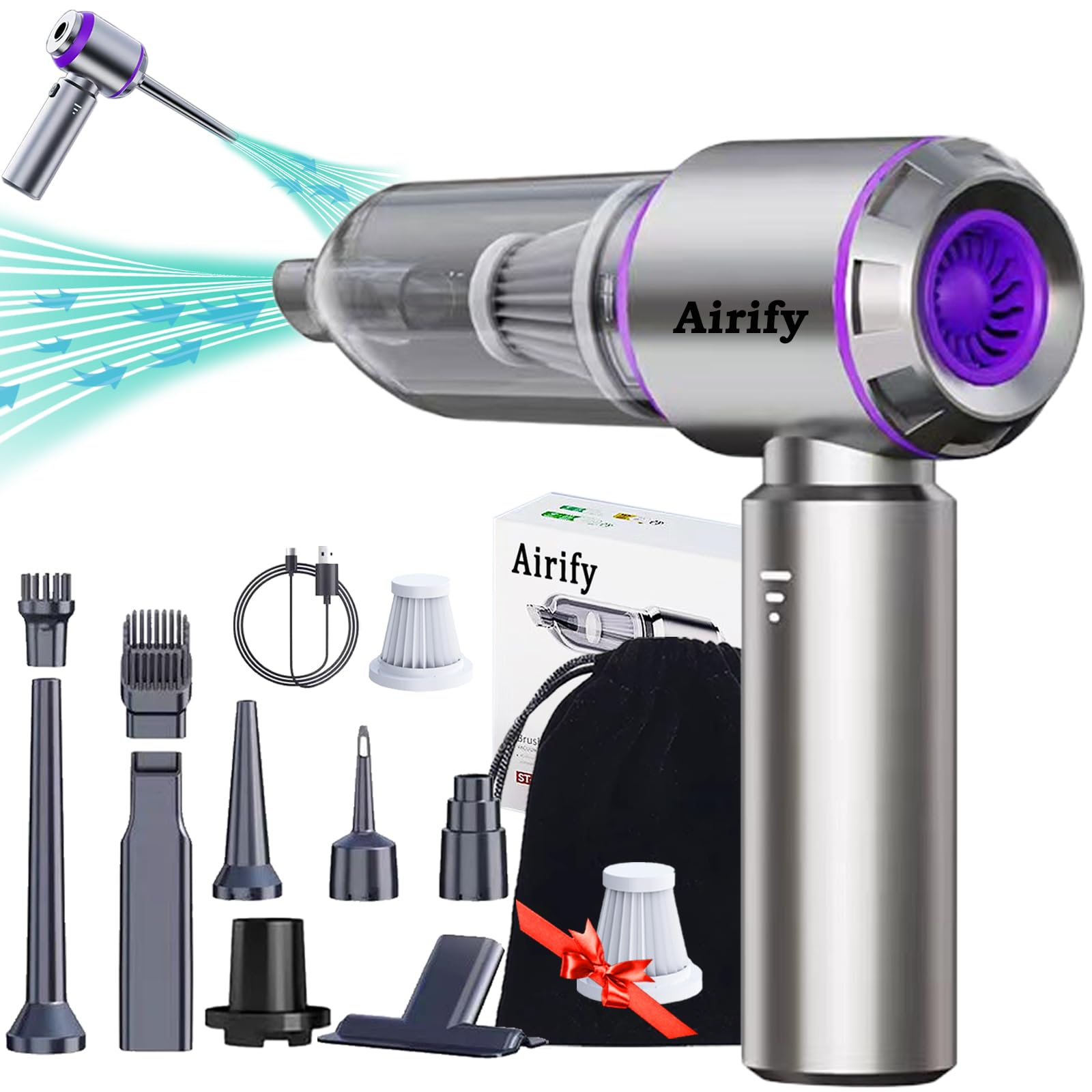 Photo 1 of Airify™ Car Vacuum, New Pro V2 Portable Air Blower/Car Vacuum, Rechargeable High Power Cordless Vacuum Cleaner for Home, Long Lasting Battery Mini Vacuum Cleaner for Car/Home, Silver Purple