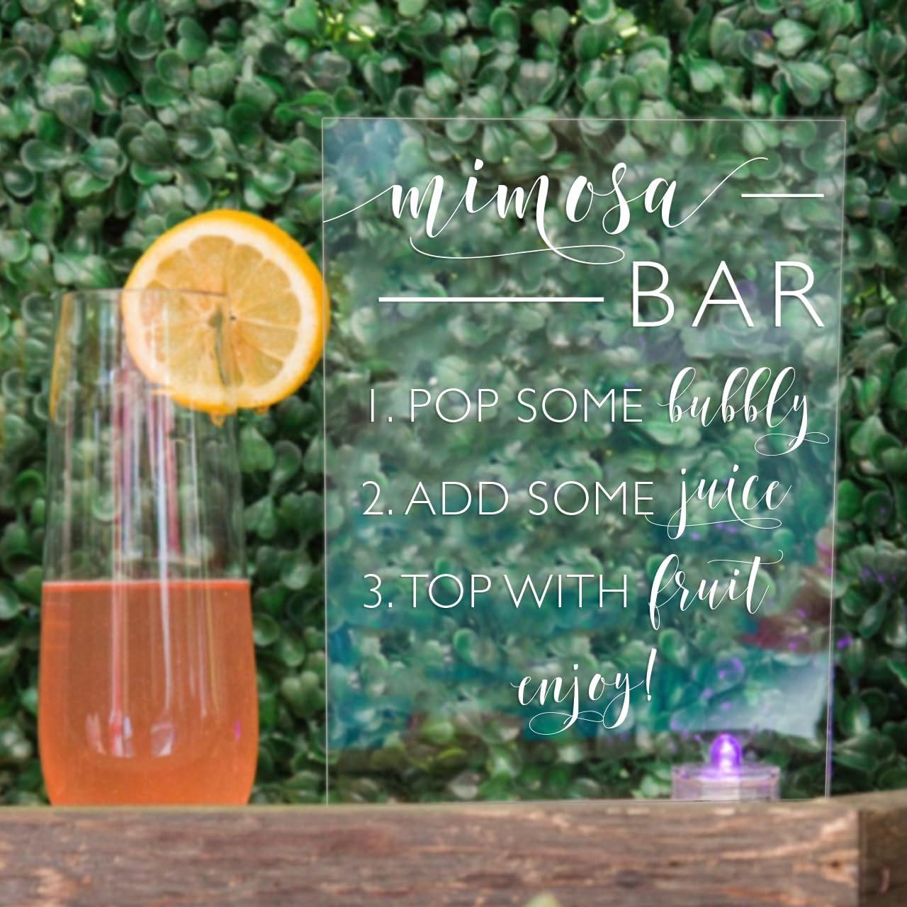 Mixed Media - Acrylic Wedding Sign: Mimosa Bar Bridal Shower Sign – Clear Acrylic Sign with Stand – Mimosa Bar Sign, Free Drink Sign, Rustic Wedding Decorations, Reception Decorations (8X10, Clear Acrylic Stand)