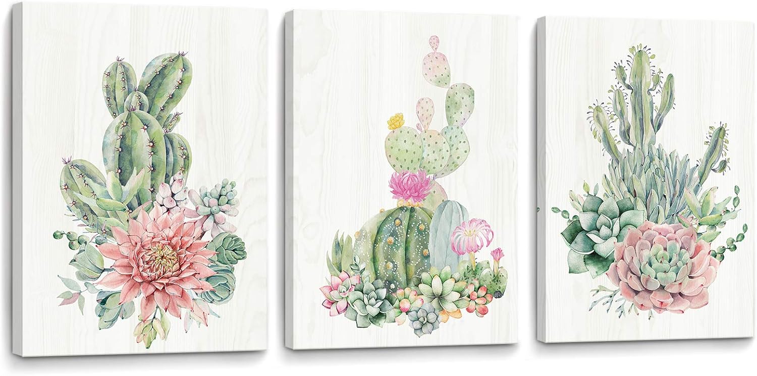 YJYart Framed Wall Art for Bedroom Canvas Prints Artwork Modern Popular Wall Plants Decorations 3 Panel Kitchen Bathroom Wall Decor Colorful Cactus Picture Size 16x24x3 Easy to Hang