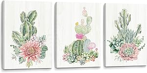 YJYart Framed Wall Art for Bedroom Canvas Prints Artwork Modern Popular Wall Plants Decorations 3 Panel Kitchen Bathroom Wall Decor Colorful Cactus Picture Size 16x24x3 Easy to Hang
