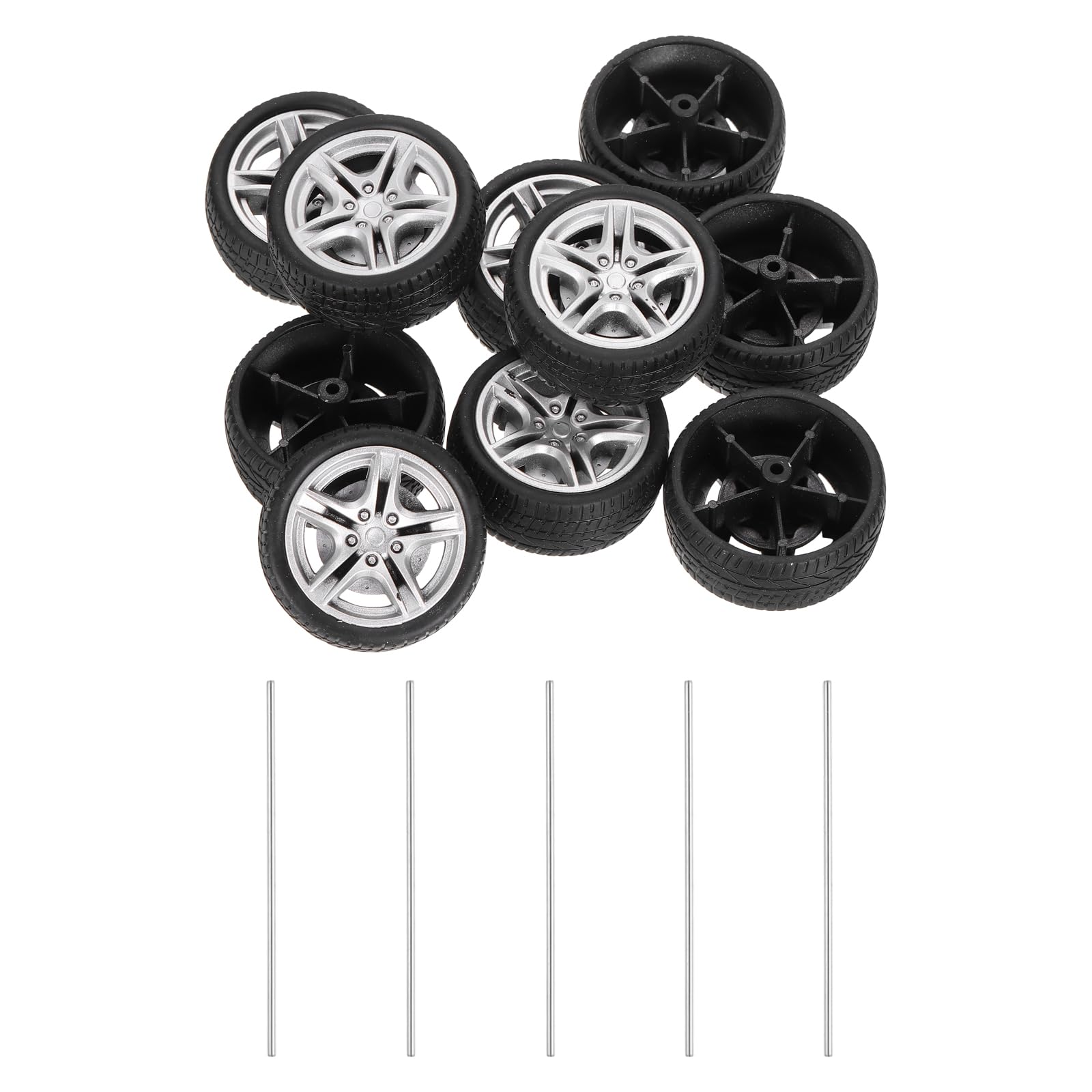 sourcing map 10pcs Toy Car Wheels, 48.5mmx19mm Plastic Roll and 3mmx100mm Shaft Round Rod Axles for DIY RC Car Truck Boat Helicopter Model Part, Silver Grey