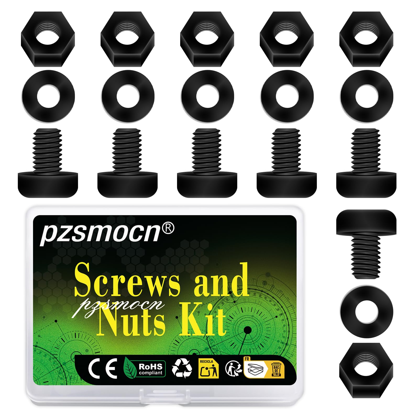 Pzsmocn 300 Pieces/100 Sets M3*4 mm Plastic Black Nylon Cross Round Head Screw Hexagonal Nut Combination Kit, with Insulating Washers, Standard Size, For DIY and Electronic Assembly. — image 1
