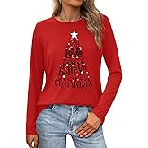 Christmas T-Shirt for Women Long Sleeve Round Neck Xmas Holiday Shirts Casual Basic Tunic Tops