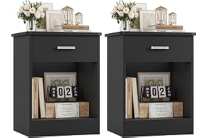 FOTOSOK Nightstand, Set of 2, 2-Tier Side Table with Drawer and Storage Shelf, Bedside Table End Table, Modern Night Stand for Bedroom, Home Office,Black