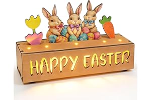 LLNTOU Happy Easter Decorations, Wooden Easter Decor for Table with LED Lights, Lighted Happy Easter Sign with Bunny, Carrots