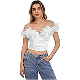 Floerns Women's 3D Flower Off The Shoulder Crop Top Ruched Sleeveless Party Tops