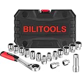 BILITOOLS 17PCS 3/8" &amp; 1/2 Pass Through Socket Set, 2-In-1 Conversion | for Standard Ratchet/Pass-Through Ratchet, Pass Thru, Go Through, Mechanics Tools Set for Hex, Square, E-Torx, Spline