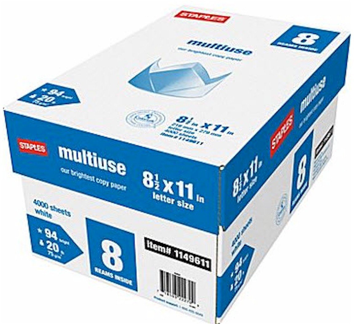 Multiuse Multipurpose Copy Fax Inkjet & Laser Printer Paper, 8 1/2" x 11" Letter Size, 94 Bright White, 20 lb. Density, 500 sheets per ream; 8 reams per case (total of 4,000 sheets)