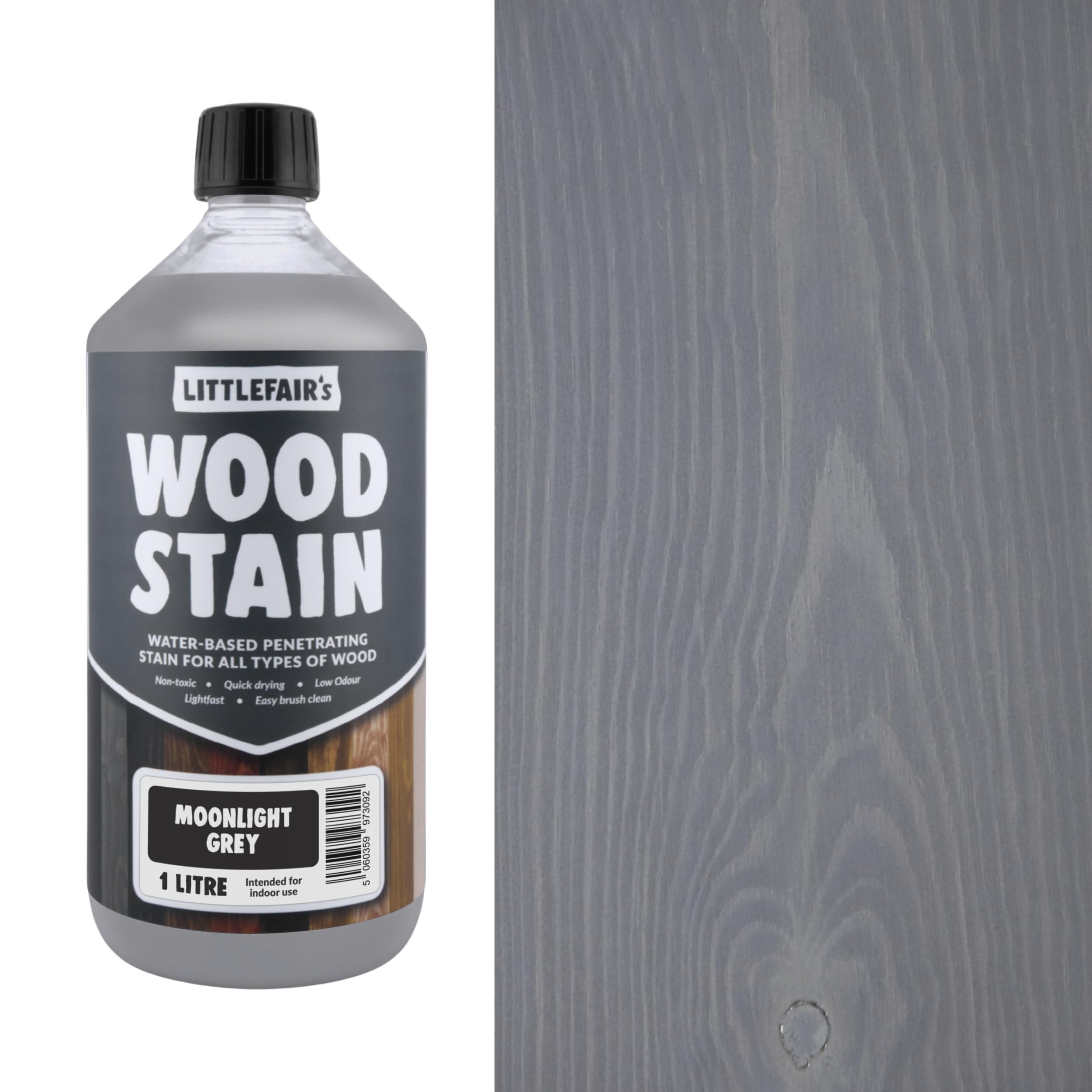 Littlefair's Wood Stain Water Based - 1 LTR - Indoor Furniture Stain Light & Dark Finishes - Special Non Toxic & Eco Friendly Formula - Wood Stain for Crafts - Colour: Moonlight Grey